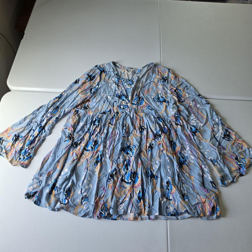 Free People Dress Womens M Blue Floral Boho Mini Swing Trapeze V Neck Fairy